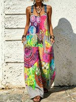 Women's Vibrant Abstract Art Print Adjustable Strap Wide Leg Overalls Jumpsuit