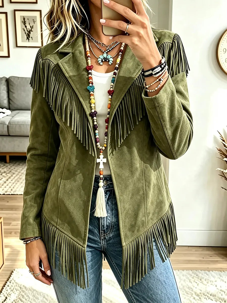 Women Collared Fringe Jacket