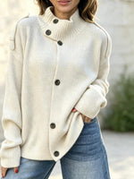Stand Collar Button‑Down Shoulder Detail Knit Cardigan