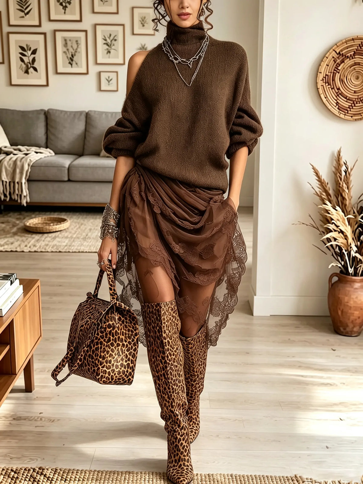 Women's Cold-Shoulder Turtleneck Sweater Lace Dress