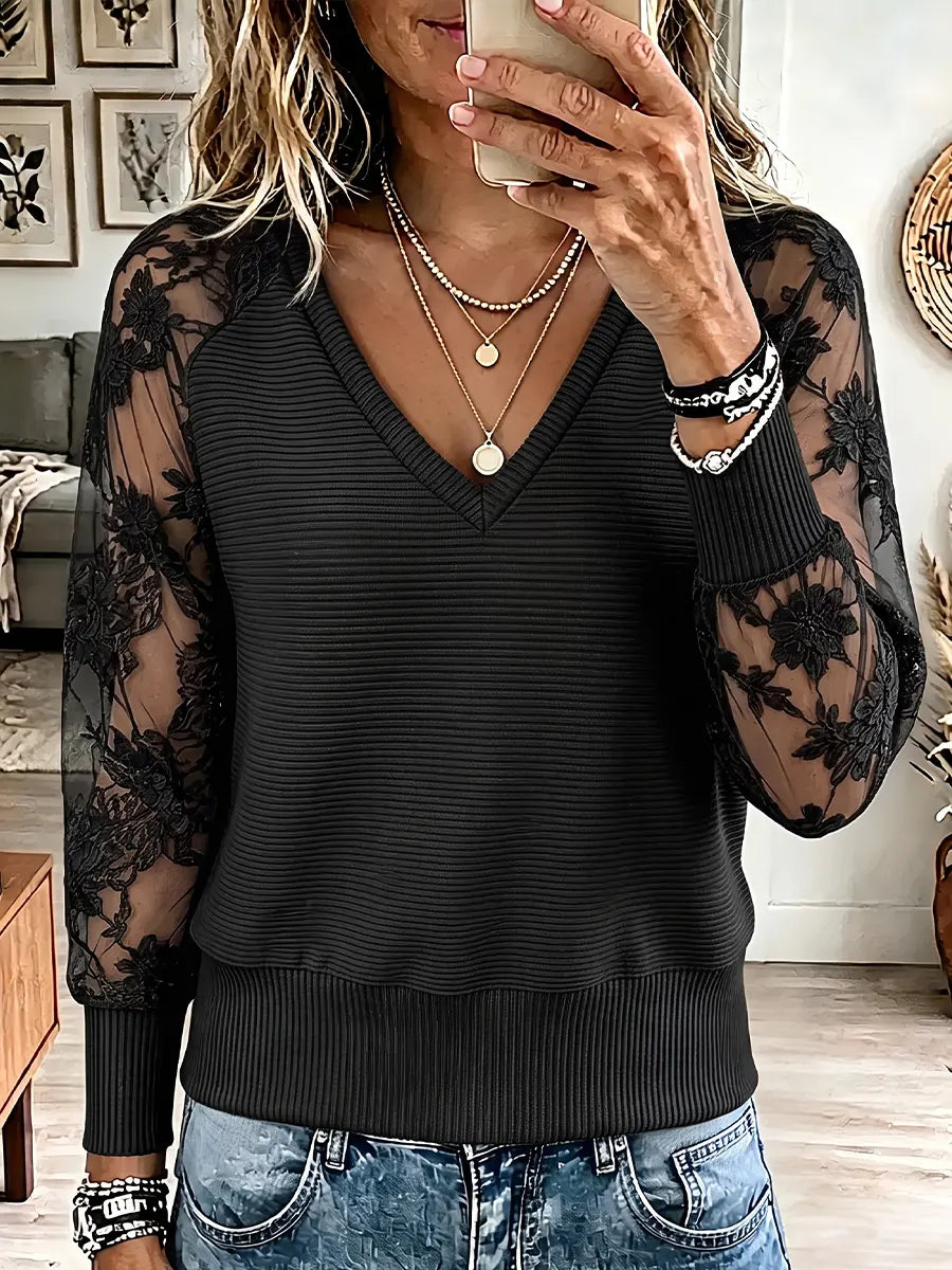 Vintage Elegant Knitting Patchwork Cut-out Lace Sheer Shirt