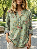 Women's Retro Floral Pattern Art Print Casual Long Sleeve Linen Shirt