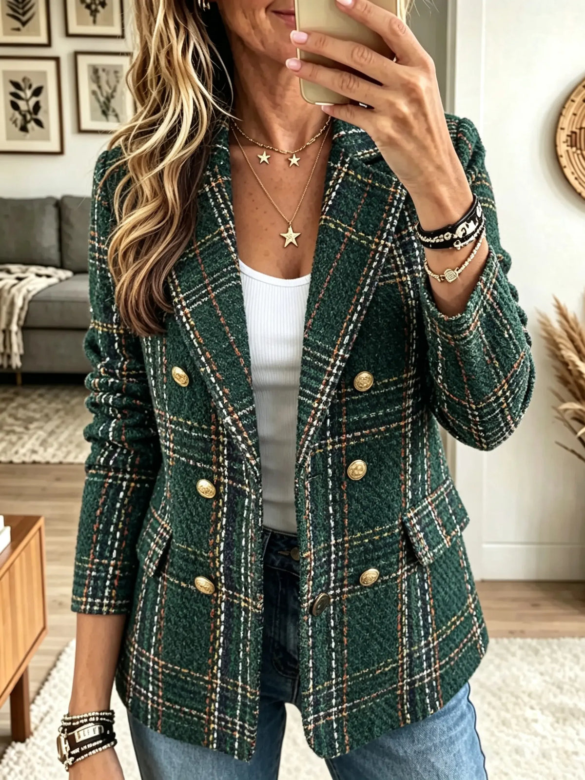 Women's Double-Breasted Plaid Tweed Blazer