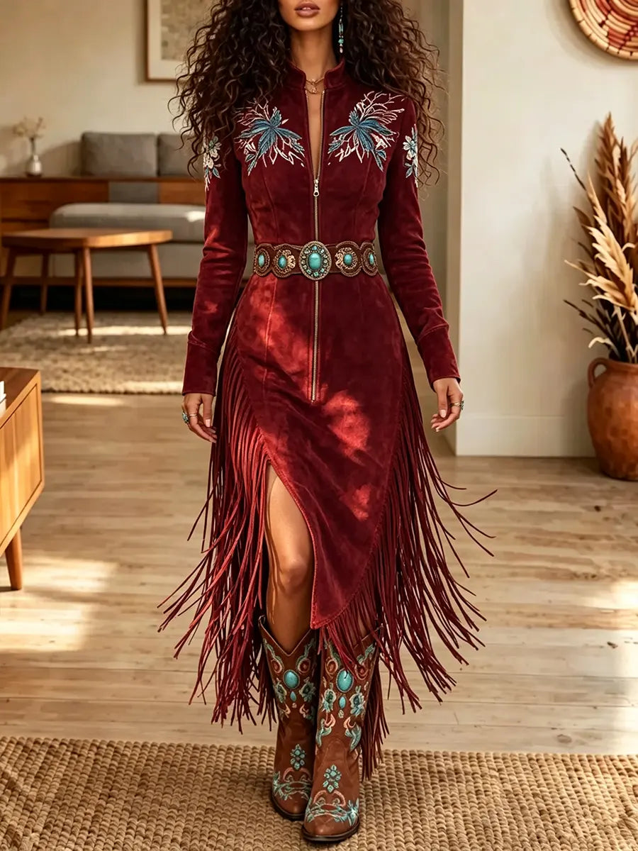 Women's Vintage Embroidered Red Tassel Dress