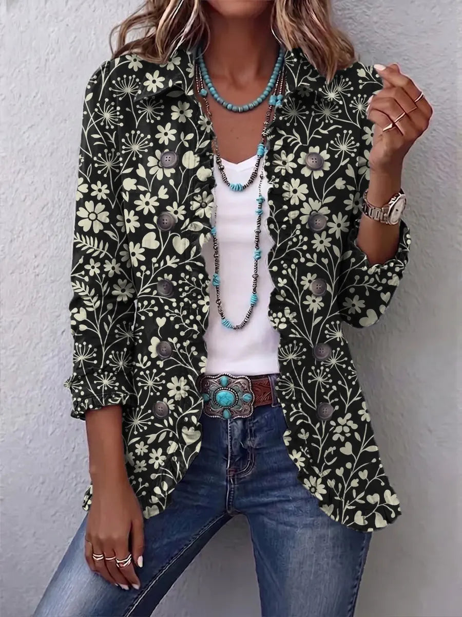 Retro Floral Pattern Art Print Ruffle Casual Stylish Cotton Lapel Coat