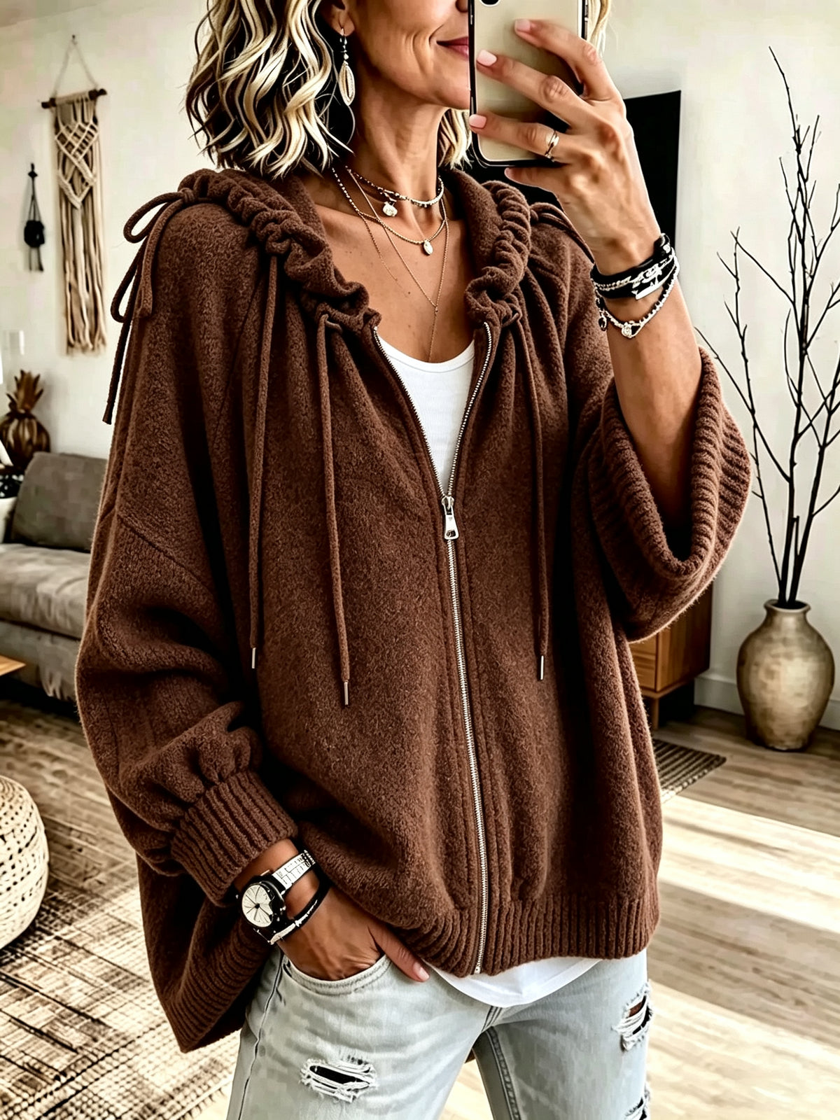 Vintage Ruched Drawstring Stand-up Collar Coat