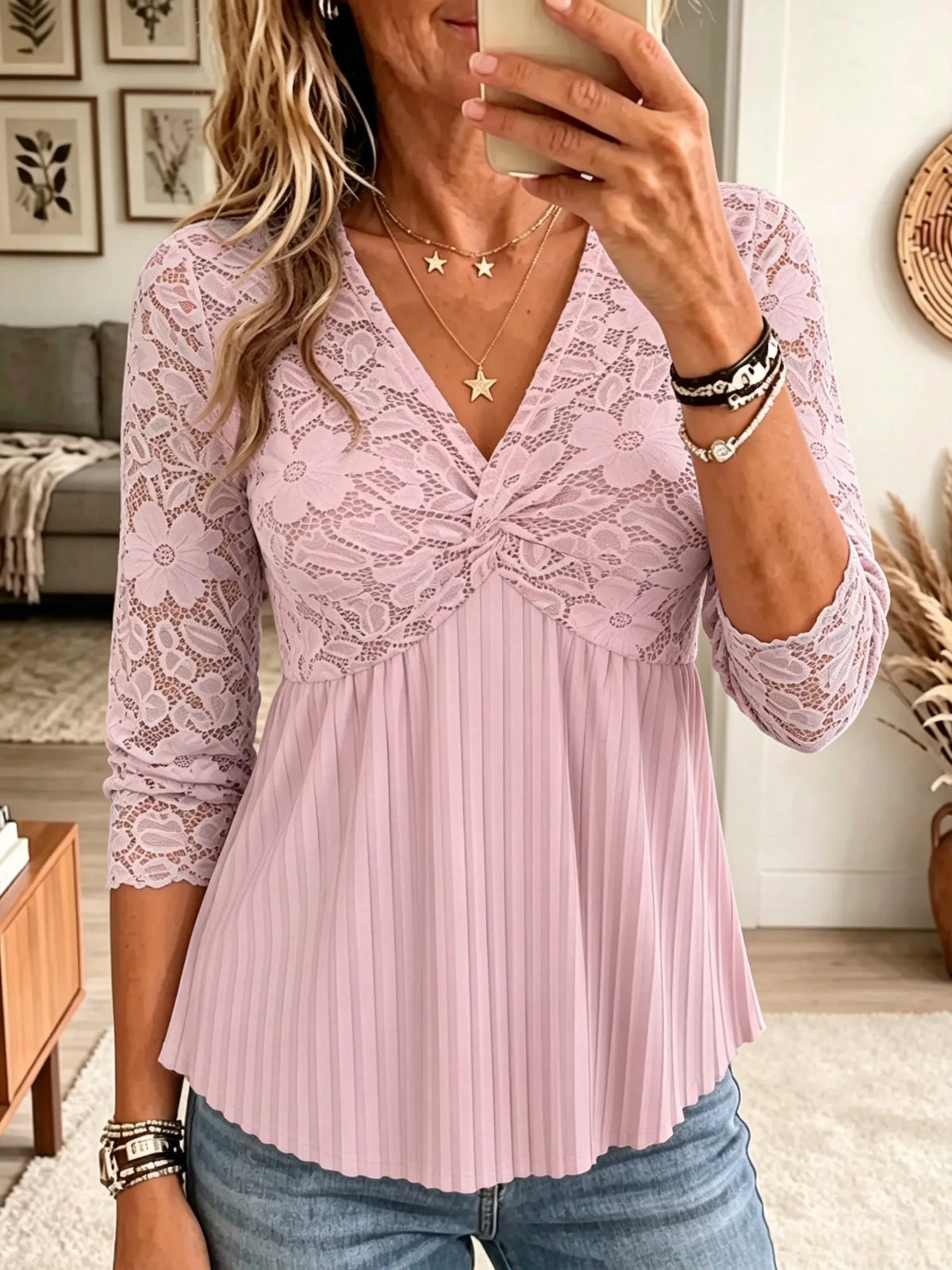 Women's Lace Twist-Front Pleated Peplum Blouse