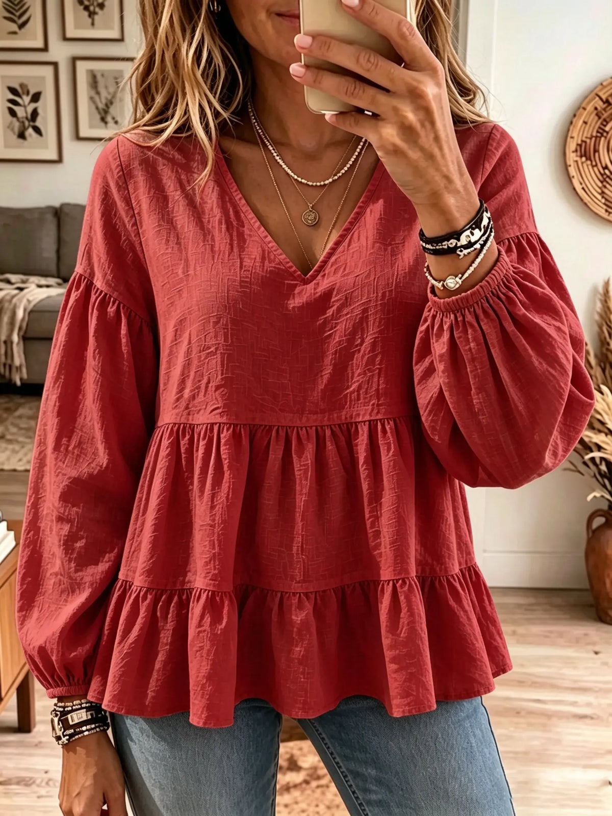 Women's Tiered Babydoll V-Neck Blouse