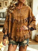 Retro Ethnic Fringe Suede Art Casual Stylish 3/4 Sleeve Poncho Top