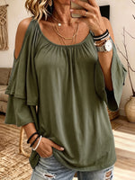 Women Cold Shoulder Blouse Layered Bell Sleeve Casual Loose Tunic Top