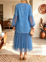 Women Mesh Puff Sleeve Loose Swing Denim Patchwork Tulle Midi Dress