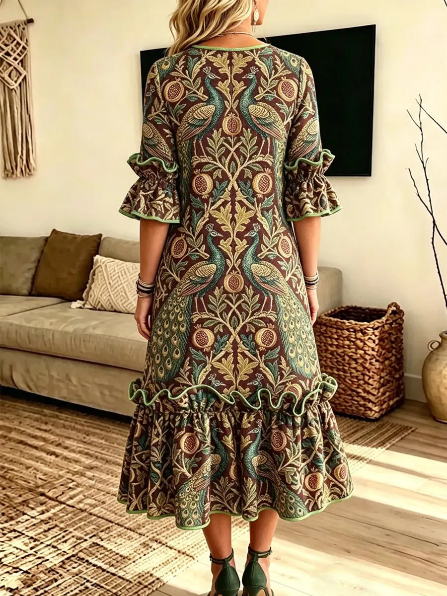 Retro Floral Peacock Pattern Art Print Casual Ruffle Stylish Cotton Linen Dress