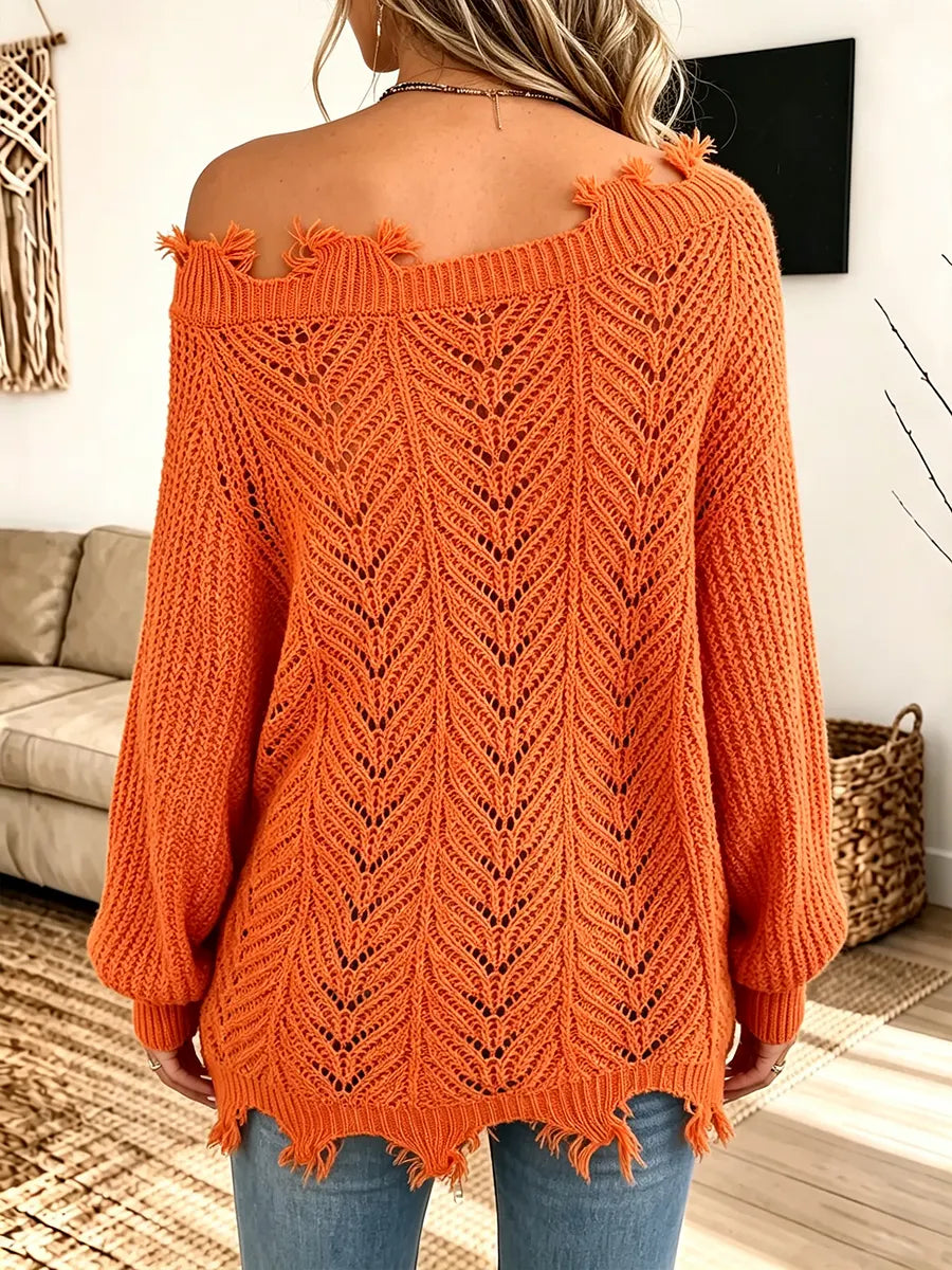 Women’s Distressed Raw-edge One-shoulder Hollow Knit Sweater