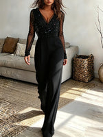 Vintage Elegant Long Sleeve Sheer Sequin Jumpsuit