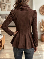 Women's Brown Faux Suede Asymmetric Zip Peplum Jacket