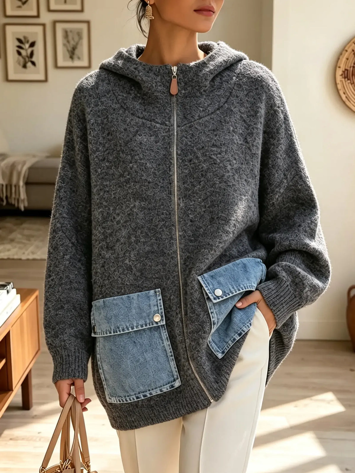 Women's Denim Pocket Full-Zip Textured Hooded Jacket