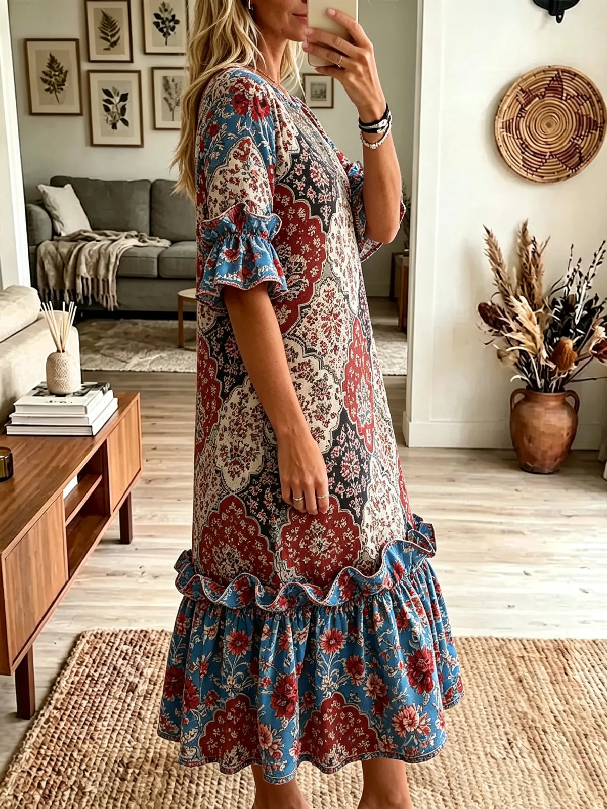 Women's Vintage Persian Ethnic Floral Print Ruffle Hem Midi Dress