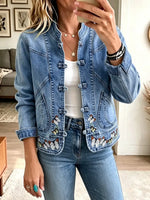 Retro Embroidery Lapel Knot Art Casual Stylish Long Sleeve Denim Coat