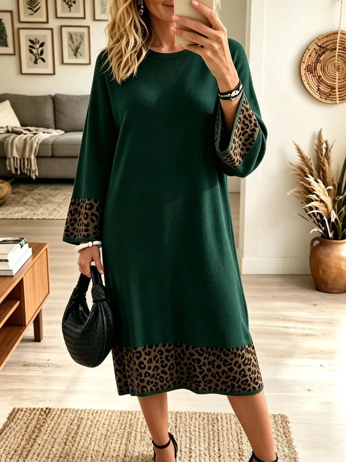Women's Leopard Contrast Hem Ribbed Knit Midi Dress