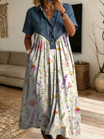 Women’s Denim Spliced Wildflower Print Loose Midi Dress With Pockets