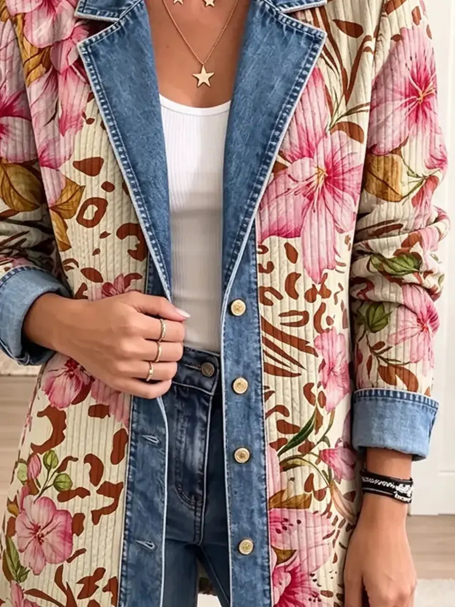 Retro Floral Leopard Pattern Art Casual Denim Patchwork Stylish Long Sleeve Coat