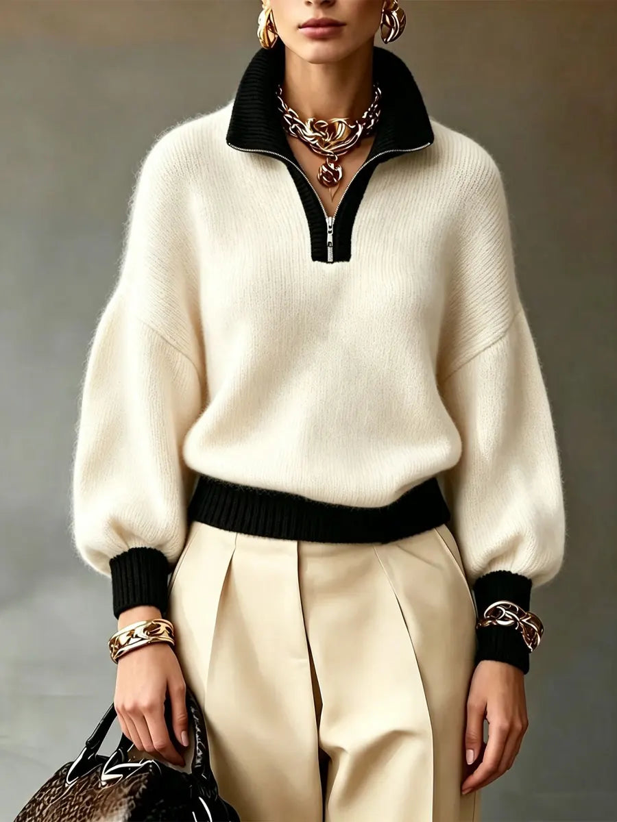 Retro Zip Color Block Art Casual Stylish Long Sleeve Knitted Sweater