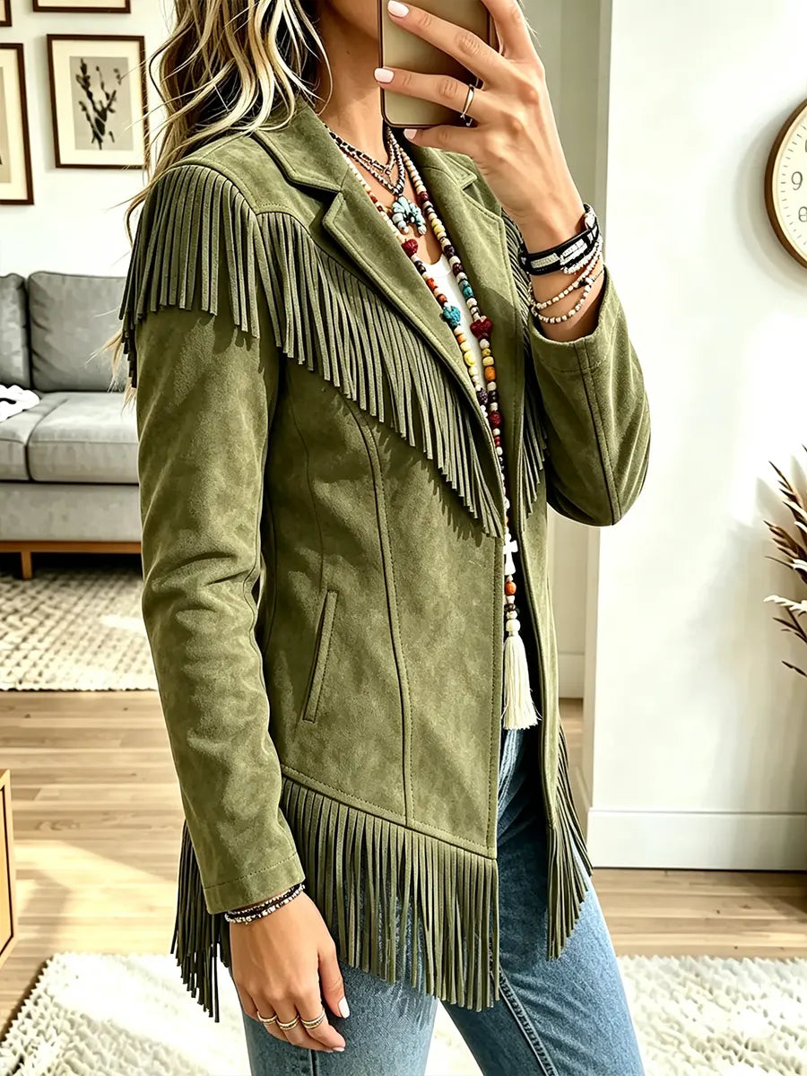 Women Collared Fringe Jacket