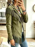 Women Collared Fringe Jacket