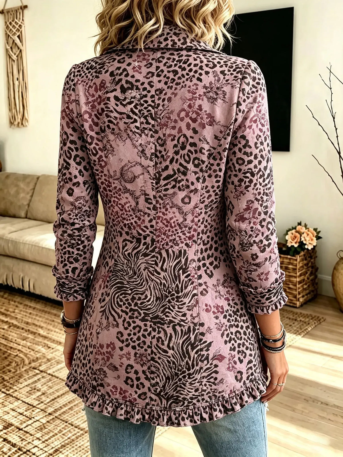 Women's Dusty Pink Leopard Ruffle Blazer Jacket