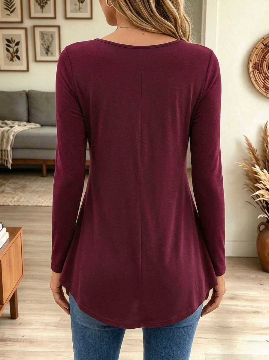 Women's Elegant Scoop Neck Pleated Peplum Long Sleeve Top with Shoulder Buttons