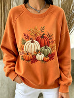 Women Burnt Orange Embroidered Pumpkin Maple Leaf Crewneck Sweatshirt