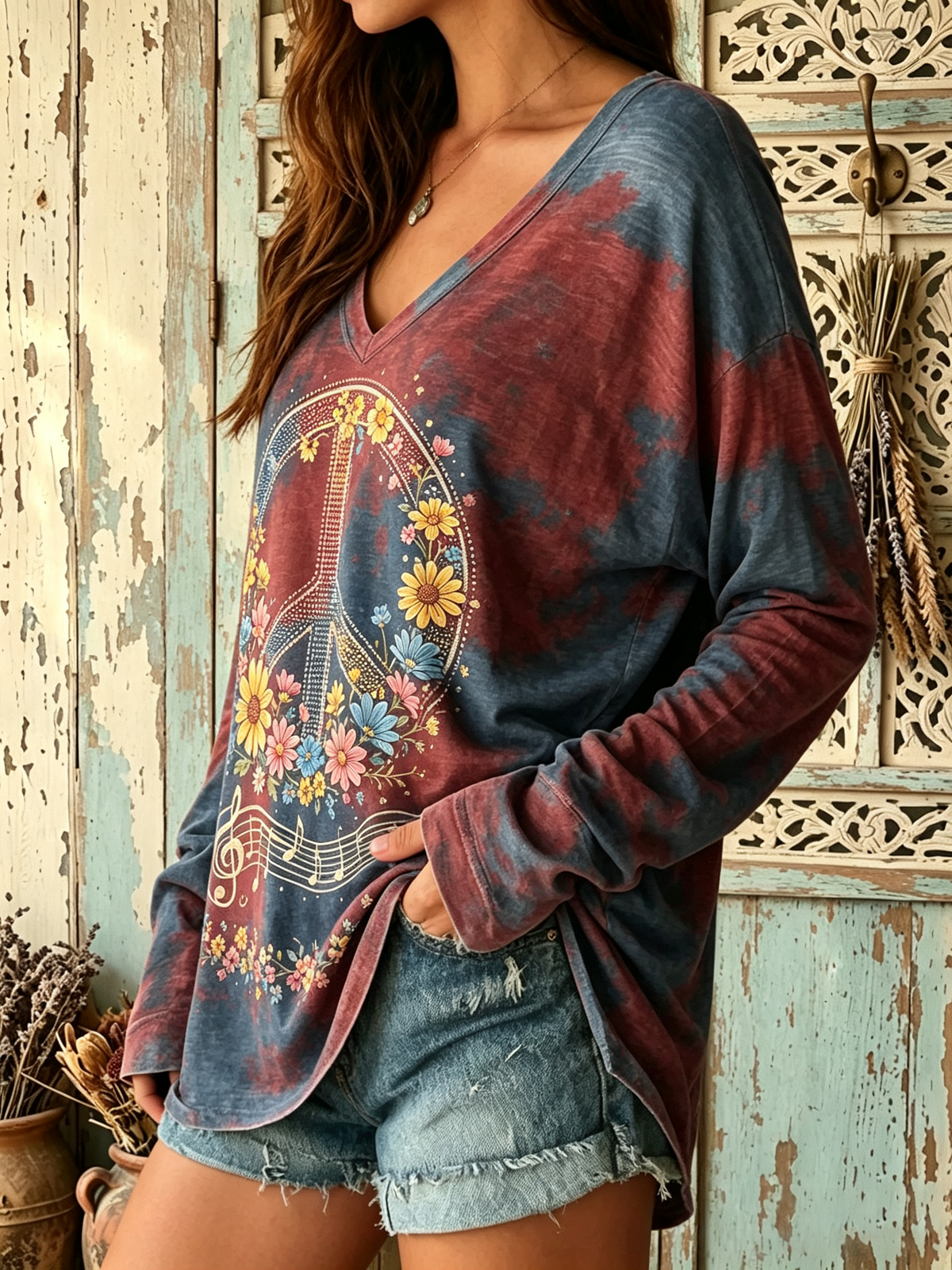 Women's Floral Peace Sign Print V-Neck Top