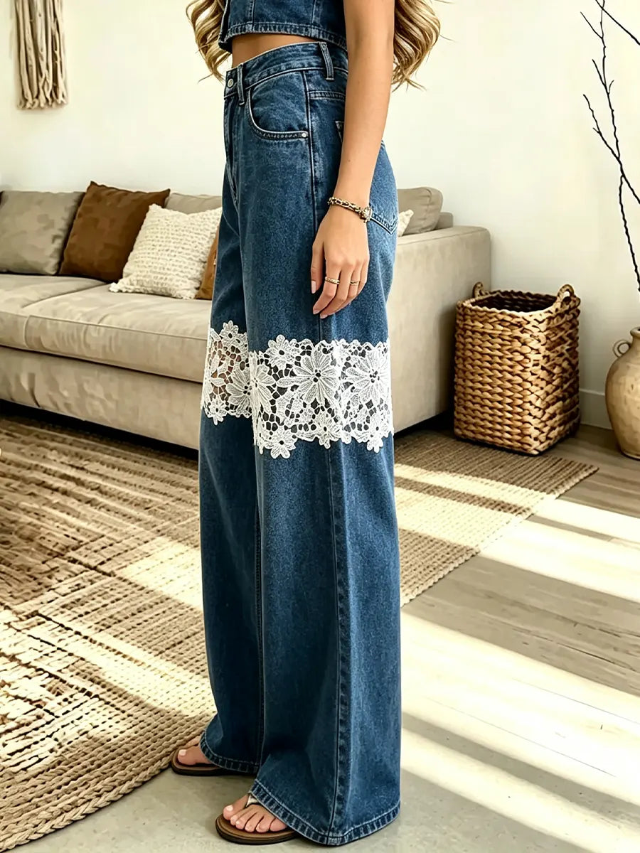 Women’s Lace Patch High-waist Wide-leg Jeans