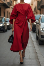Women Elegant Red Batwing Sleeve Belted Midi Dress