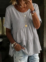 Women's Round Neck Cotton Linen Solid Color Loose Short-sleeved Shirt