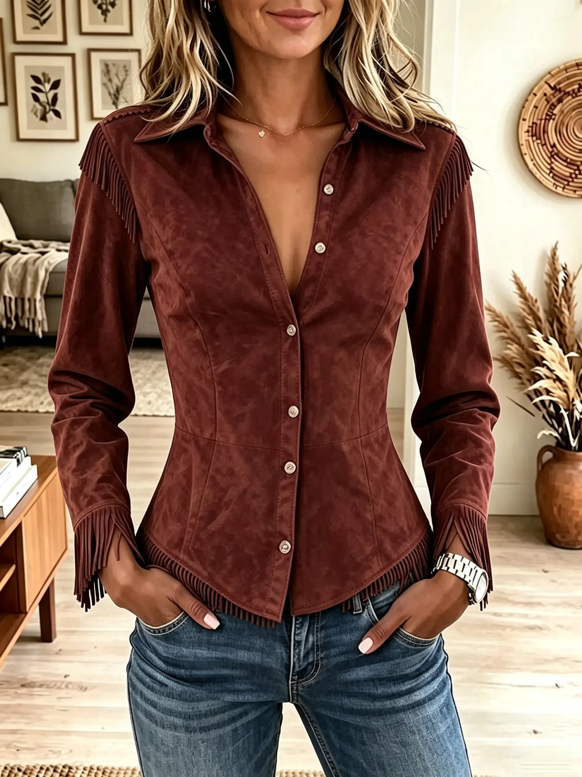 Women's Fringe Trim Button-Down Faux Suede Blouse