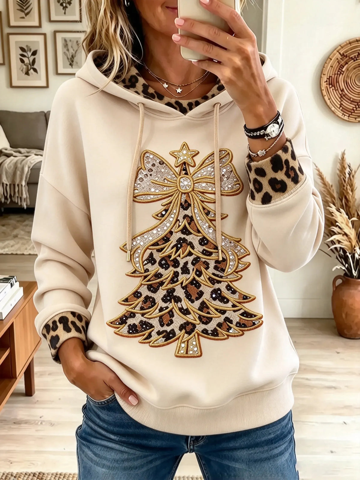 Women's Leopard Christmas Tree Drawstring Fleece Hoodie