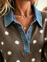 Women's Polka Dot Denim Collar Knit Sweater