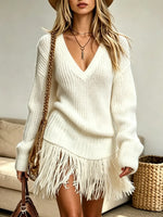 Women's V-Neck Fringe Hem Ribbed Sweater Dress