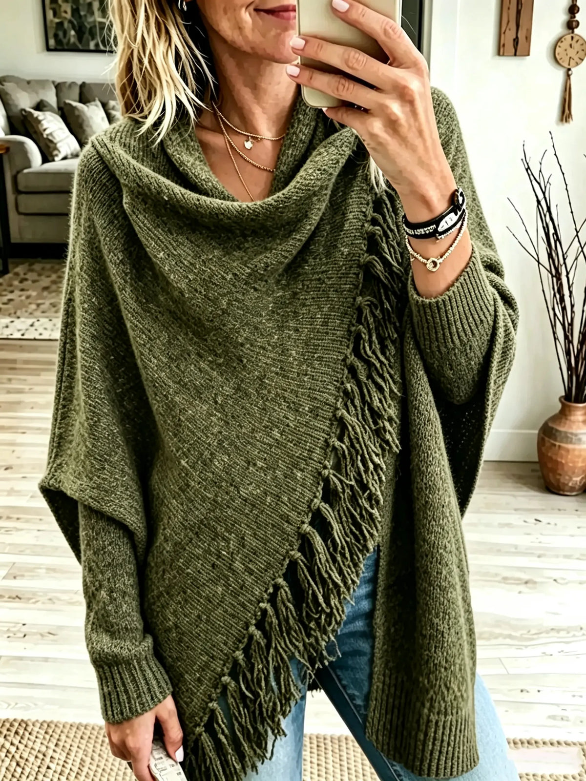 Women's Asymmetrical Fringe Knit Poncho Sweater