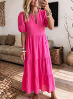 Bright Pink Notched V‑neck Puff Sleeve Tiered Crinkle Maxi Dress