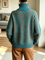 Retro Leopard Pattern Turtleneck Art Casual Stylish Long Sleeve Knit Sweater