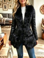 aux Leather Faux Fur Spliced Waist‑Tight Coat, Women Lapel Slim Fit Winter Outerwear
