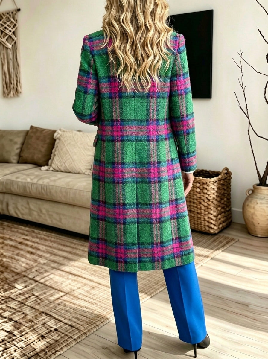 Women Vibrant Green‑Pink Plaid Notched Lapel Midi Wool Blend Coat