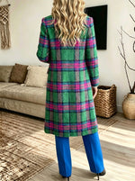 Women Vibrant Green‑Pink Plaid Notched Lapel Midi Wool Blend Coat