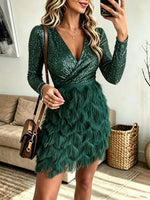 Women's Sequin Wrap Feather Fringe Mini Dress