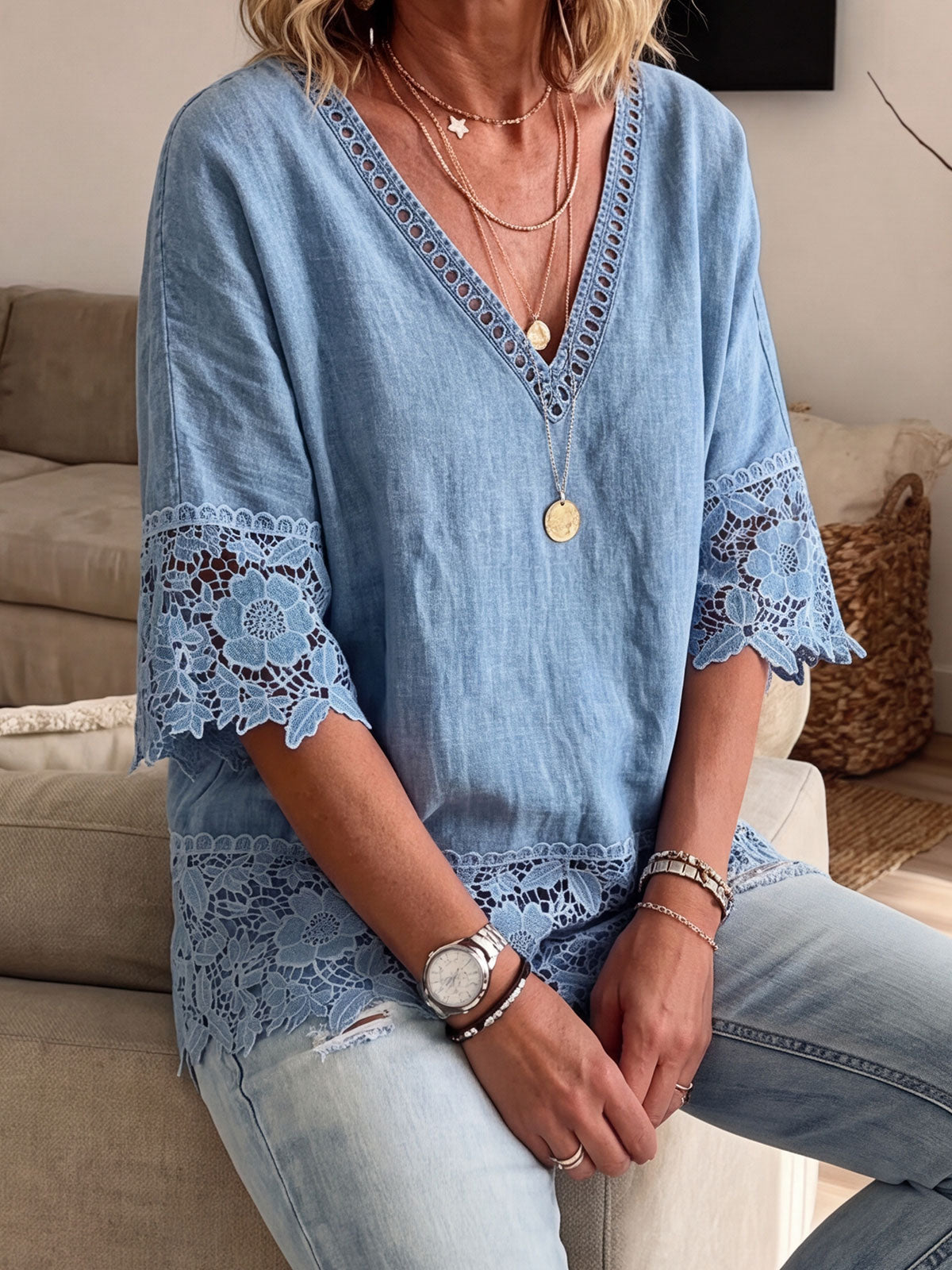 Womens V Neck Lace Trim Washed Denim 3/4 Sleeve Loose Blouse
