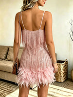 Women's Sexy V-neck Spaghetti Strap Dress With Feather Details