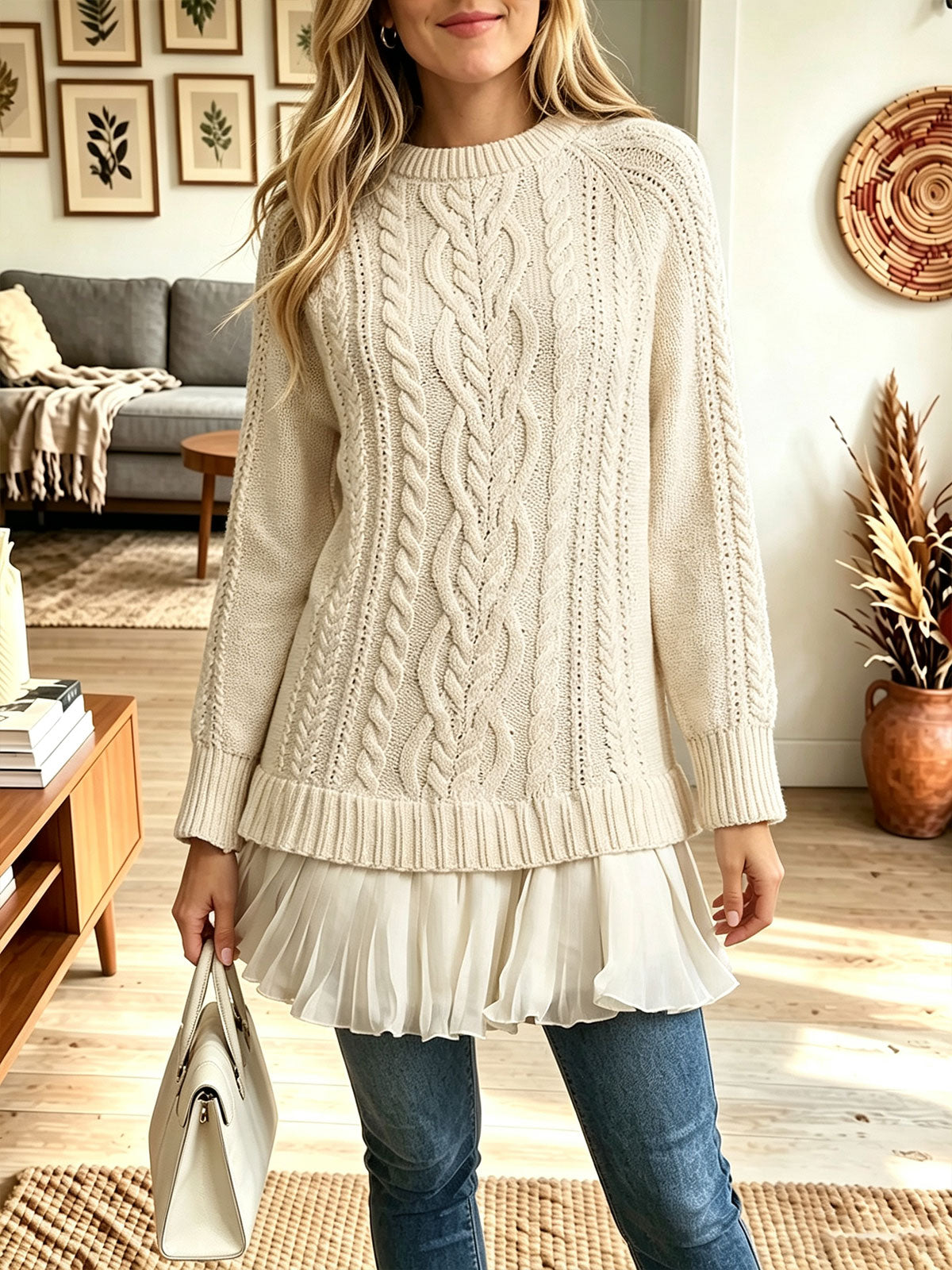 Women Cable‑Knit Mock Neck Chiffon Ruffle Hem Layered Sweater Tunic