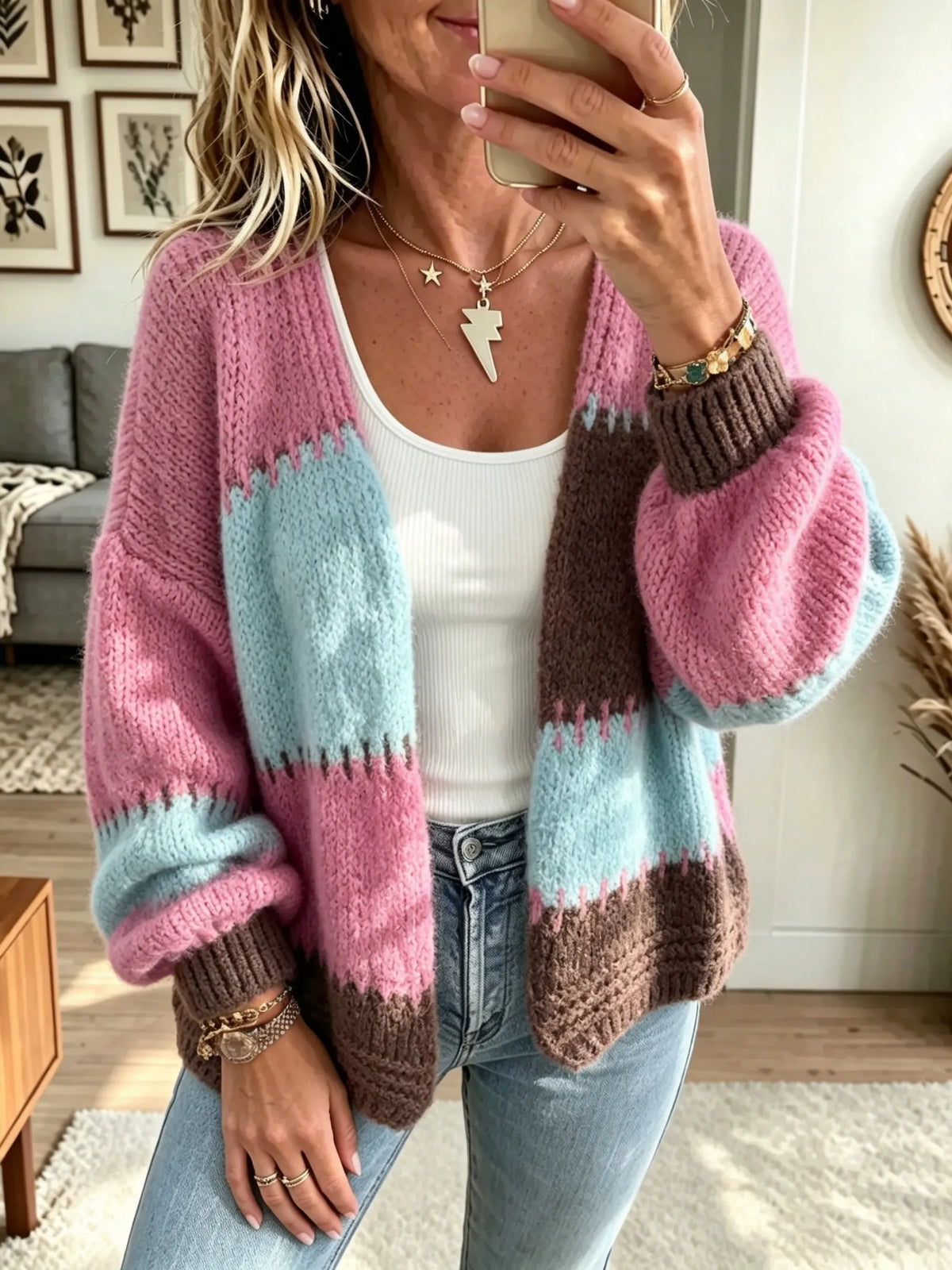 Women's Color-Block Chunky Open-Front Cardigan